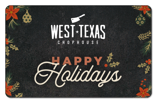 west texas chopehouse logo on a dark grey background with happy holidays text and christmas tree branches